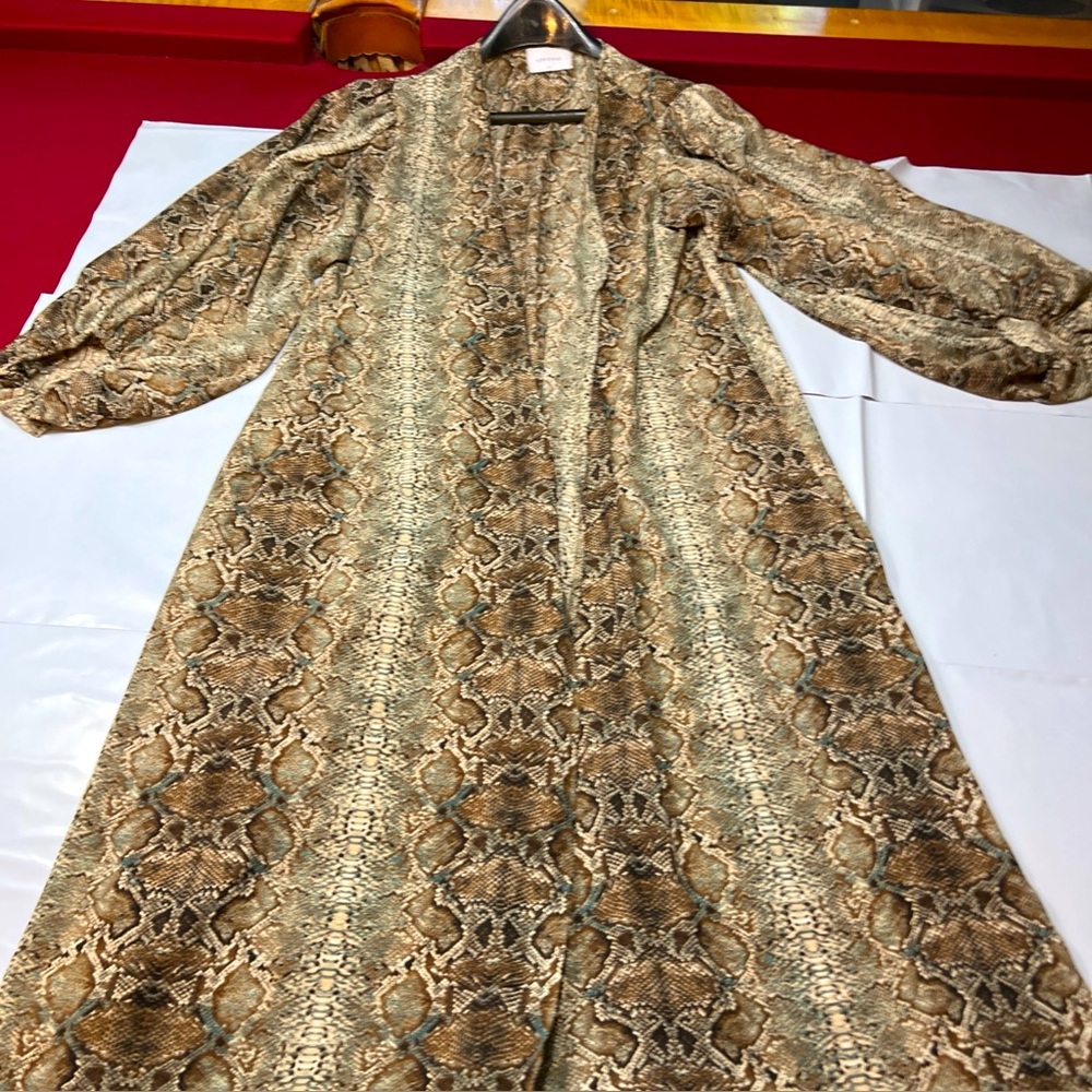 ADRIENNE brown SNAKE Duster ANIMAL print LONG open Front Puff Sleeves USA made M